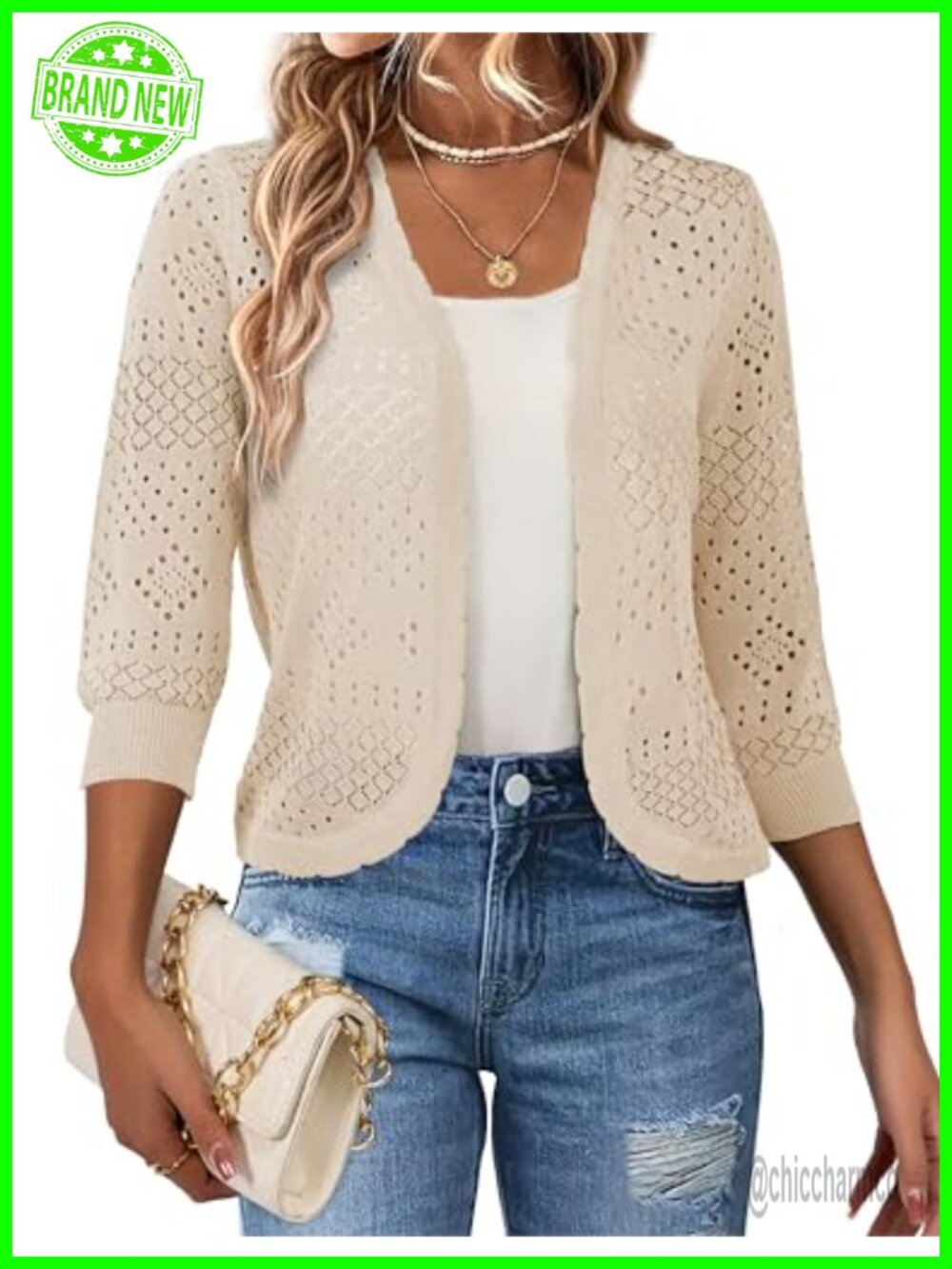 Cropped Cardigan 3/4 Sleeve Hollow Shrug Open Front Lightweight Women